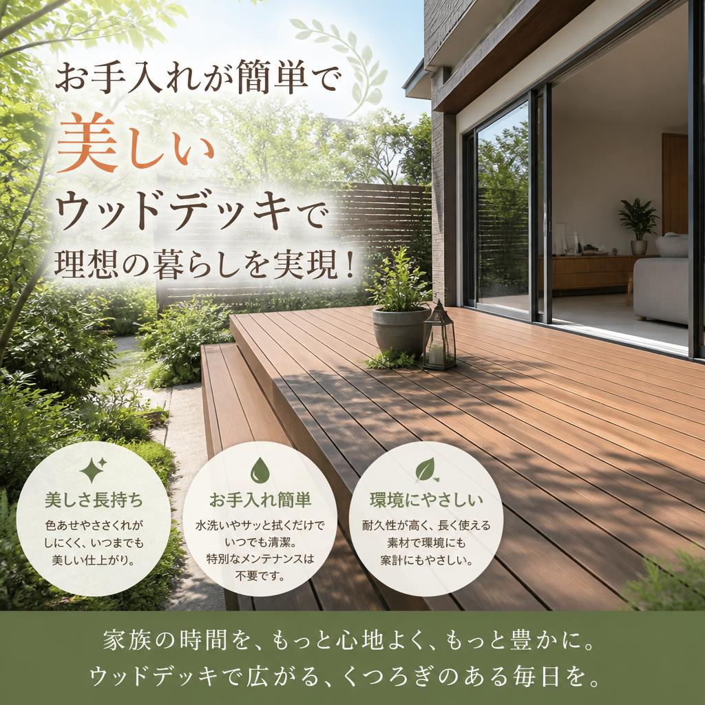 お手入れが簡単で美しいウッドデッキで理想の暮らしを実現！